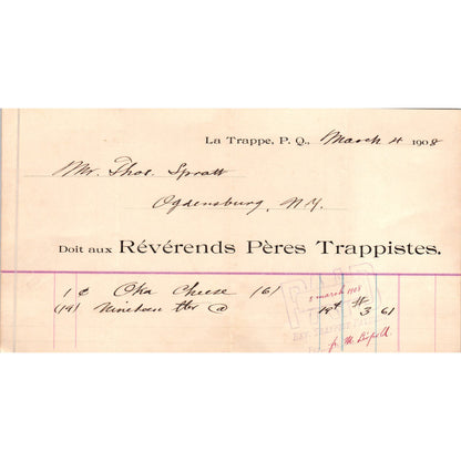 1908 Révérends Pères Trappistes Letterhead Billhead La Trappe P.Q. Quebec AE6-3