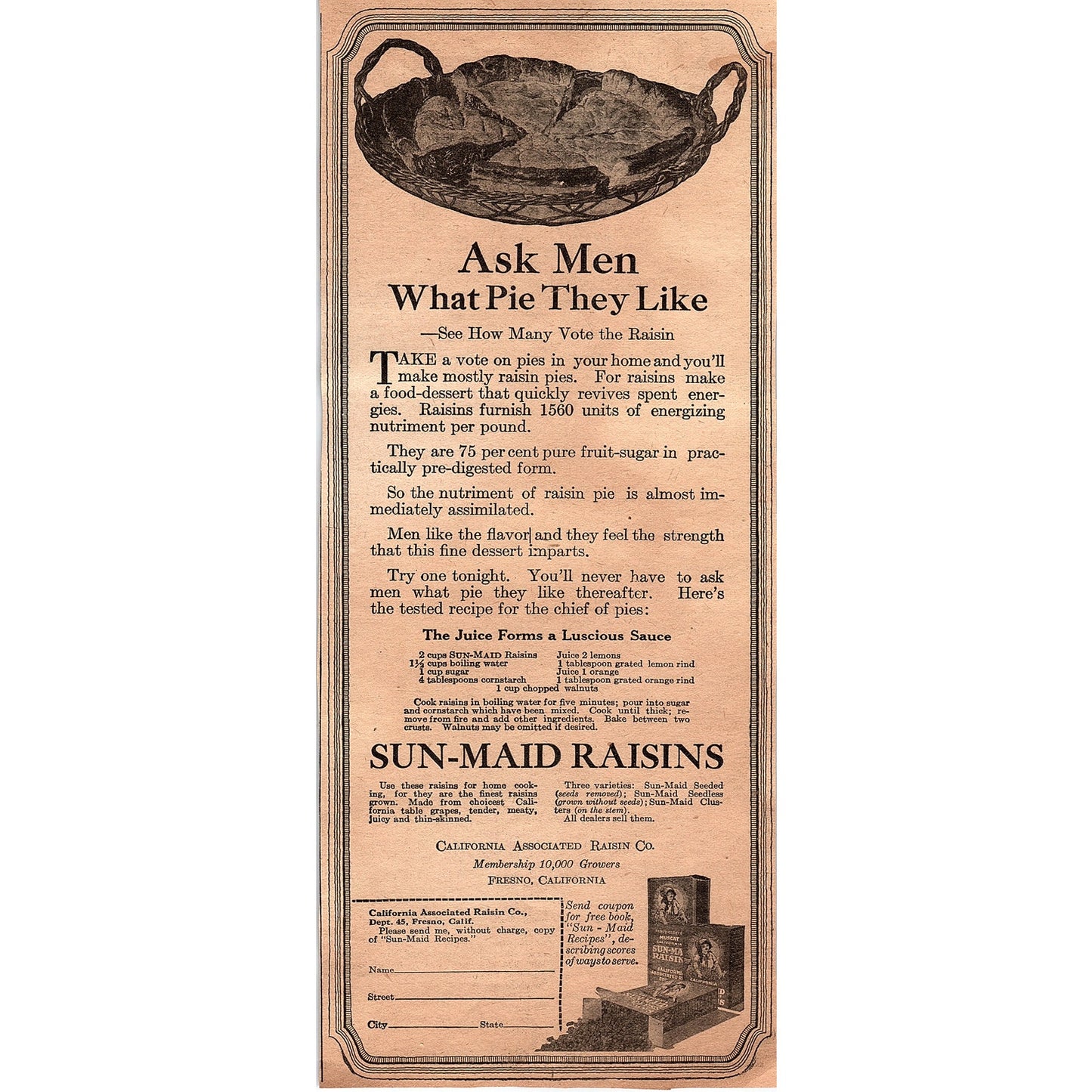 Sun-Maid Raisins - Raisin Pie Recipe - Fresno CA 1920 Ad AG2-6