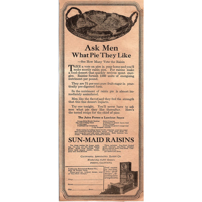 Sun-Maid Raisins - Raisin Pie Recipe - Fresno CA 1920 Ad AG2-6