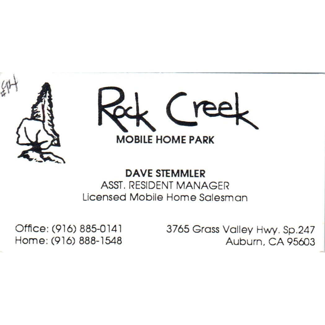 Rock Creek Mobile Home Park Dave Stemmler Auburn CA Vtg Business Card SD8-B18
