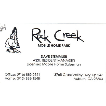 Rock Creek Mobile Home Park Dave Stemmler Auburn CA Vtg Business Card SD8-B18