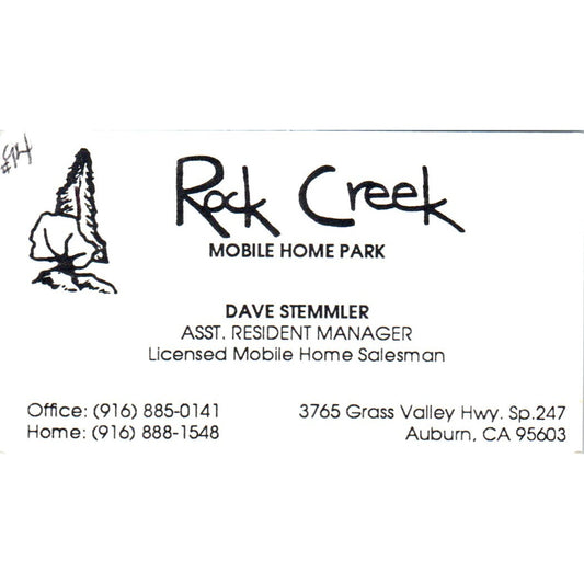 Rock Creek Mobile Home Park Dave Stemmler Auburn CA Vtg Business Card SD8-B18
