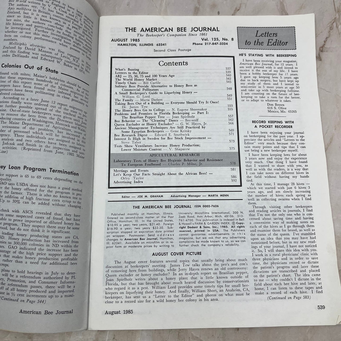 1985 August American Bee Journal Magazine Bees Beekeeping Honey M8-2
