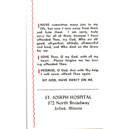 My Daily Prayer St. Joseph Hospital Joliet IL Vintage Prayer Card TH2-PC1