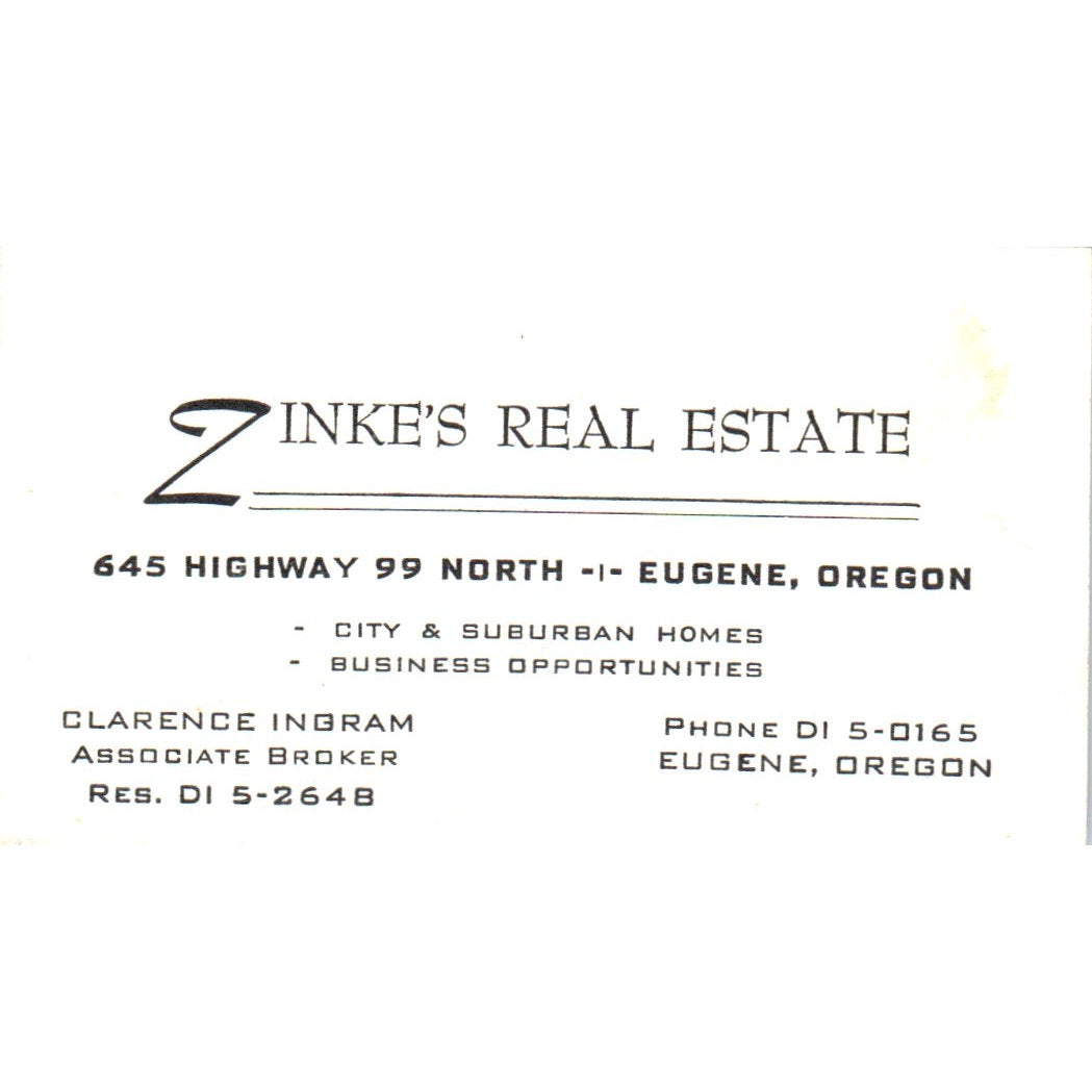 Clarence Ingram Zinke's Real Estate Eugene OR Vintage Business Card SD8-B2