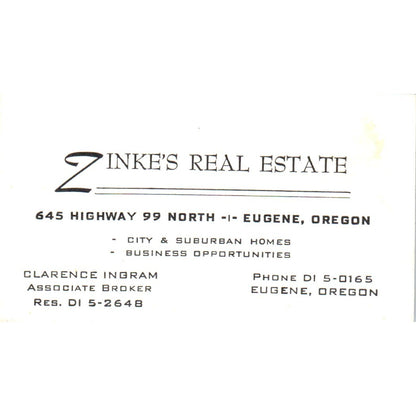 Clarence Ingram Zinke's Real Estate Eugene OR Vintage Business Card SD8-B2