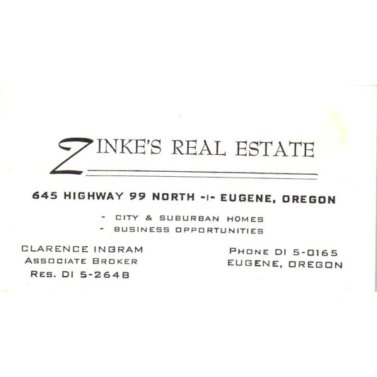 Clarence Ingram Zinke's Real Estate Eugene OR Vintage Business Card SD8-B2