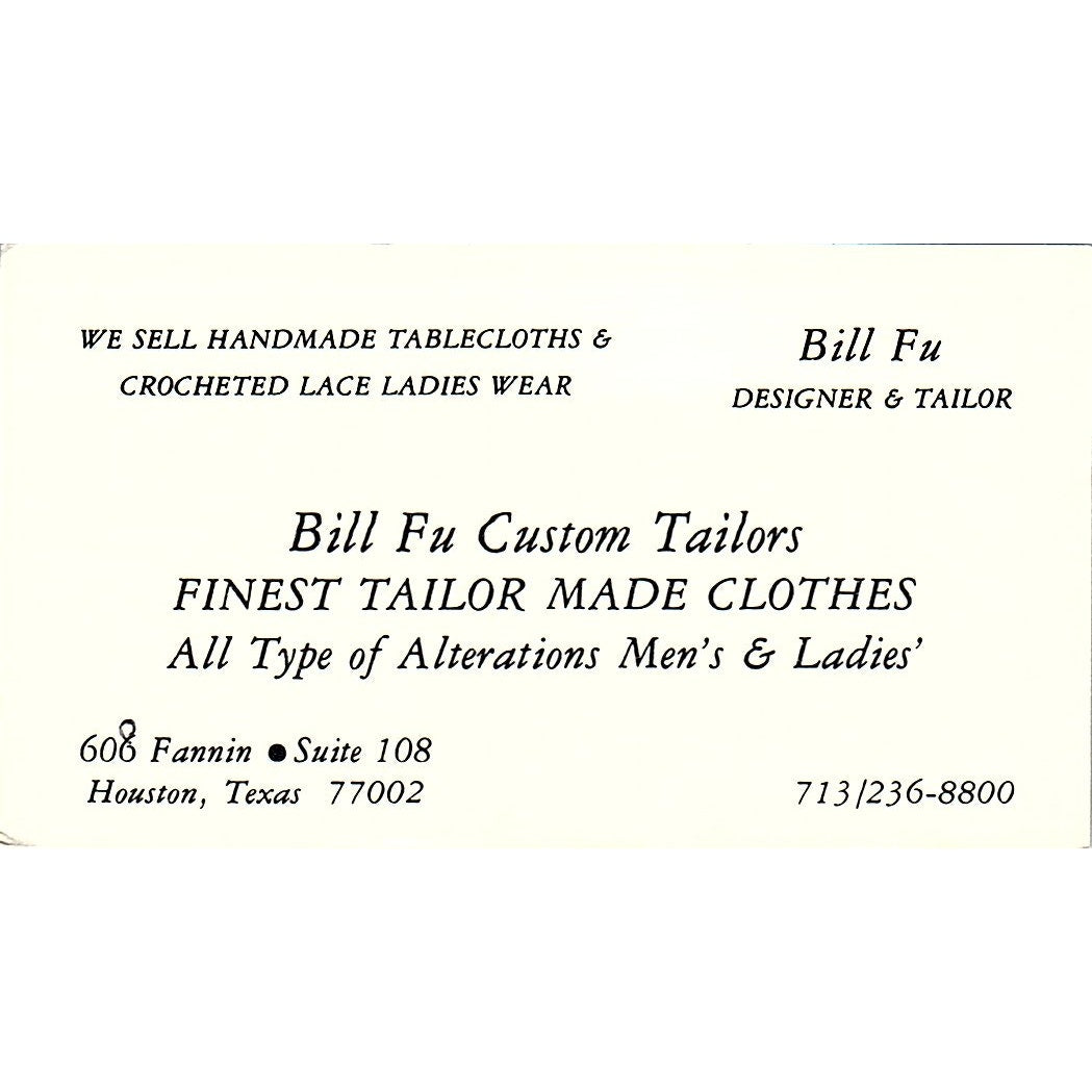 Bill Fu Custom Tailors Bill Fu Houston TX Vintage Business Card SSB4-B12