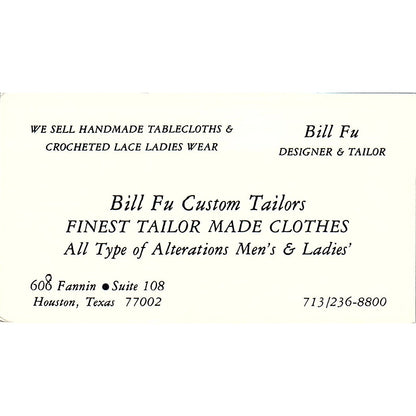 Bill Fu Custom Tailors Bill Fu Houston TX Vintage Business Card SSB4-B12