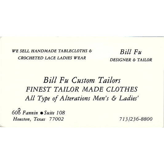 Bill Fu Custom Tailors Bill Fu Houston TX Vintage Business Card SSB4-B12