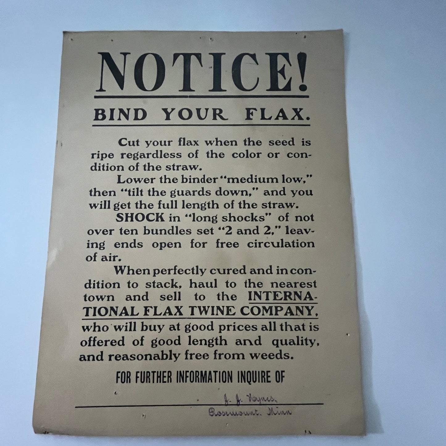 J.J. Haynes Rosemount MN International Flax Twine Co c1910 Notice Card V36-2