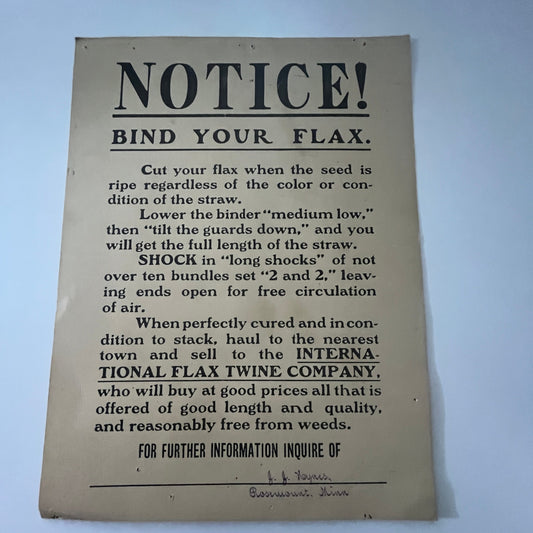 J.J. Haynes Rosemount MN International Flax Twine Co c1910 Notice Card V36-2