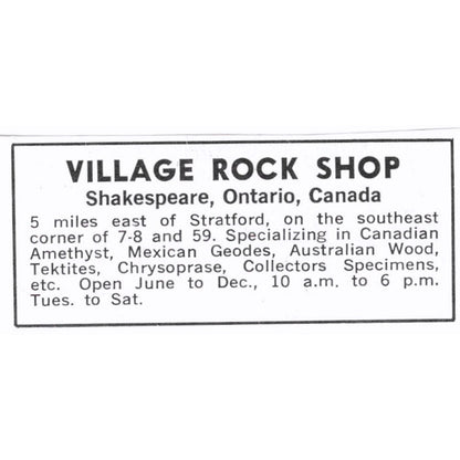 Village Rock Shop Shakespeare Ontario Canada 1972 Ad AF8-S4
