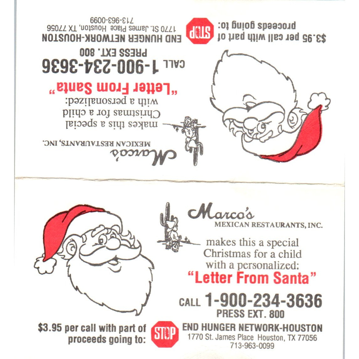 Marco's Mexican Restaurants Letter from Santa Houston Vtg Business Card SD8-B19