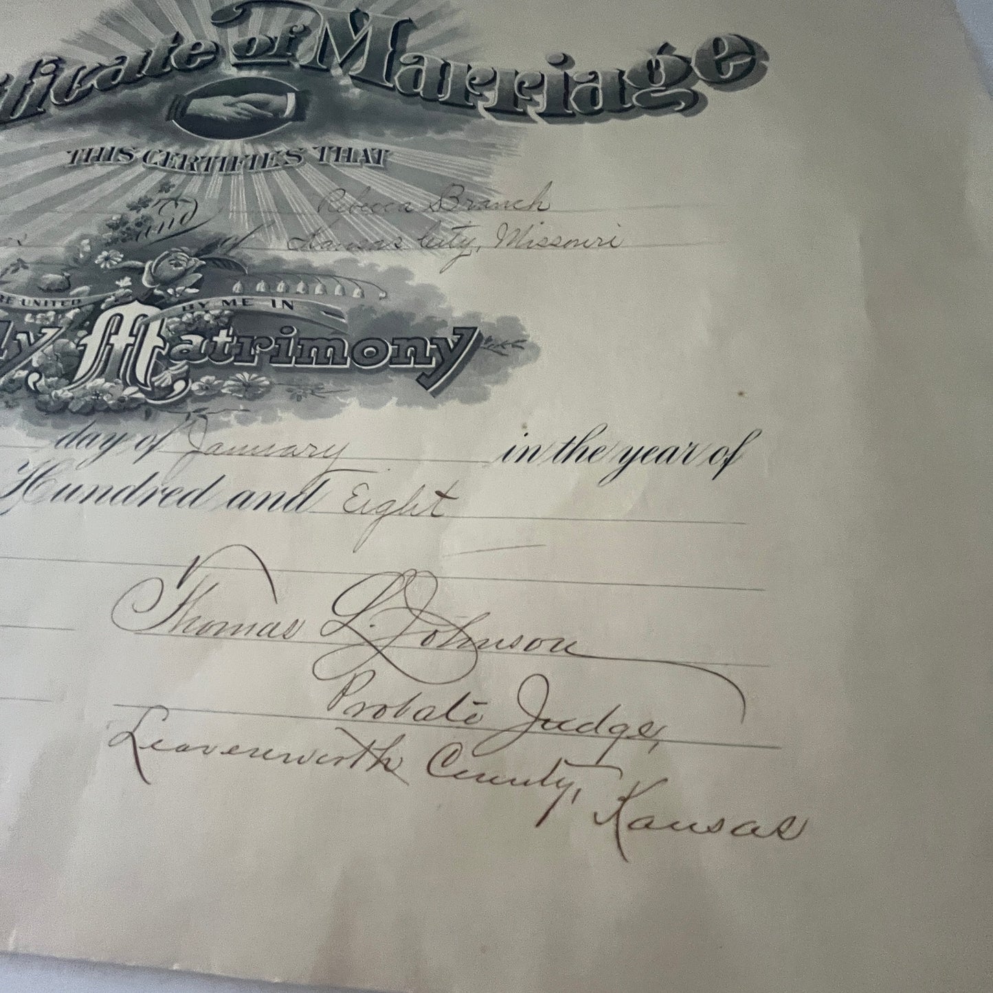 1908 Leland Smillie & Rebecca Branch Kansas City MO Marriage Certificate V36-2