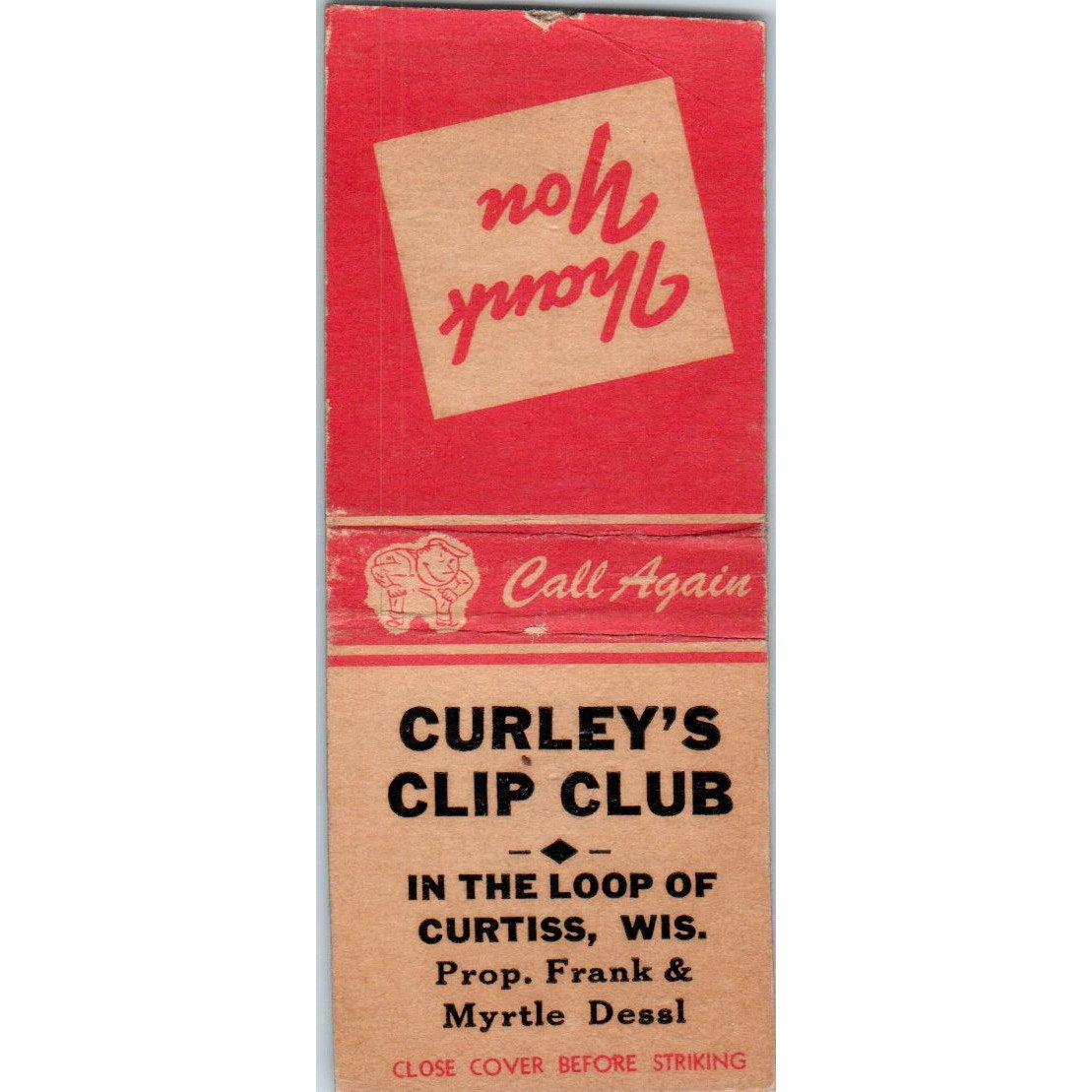 Curley's Clip Club Frank & Myrtle Dessl Curtiss WI Vintage Matchbook SD2-Y10