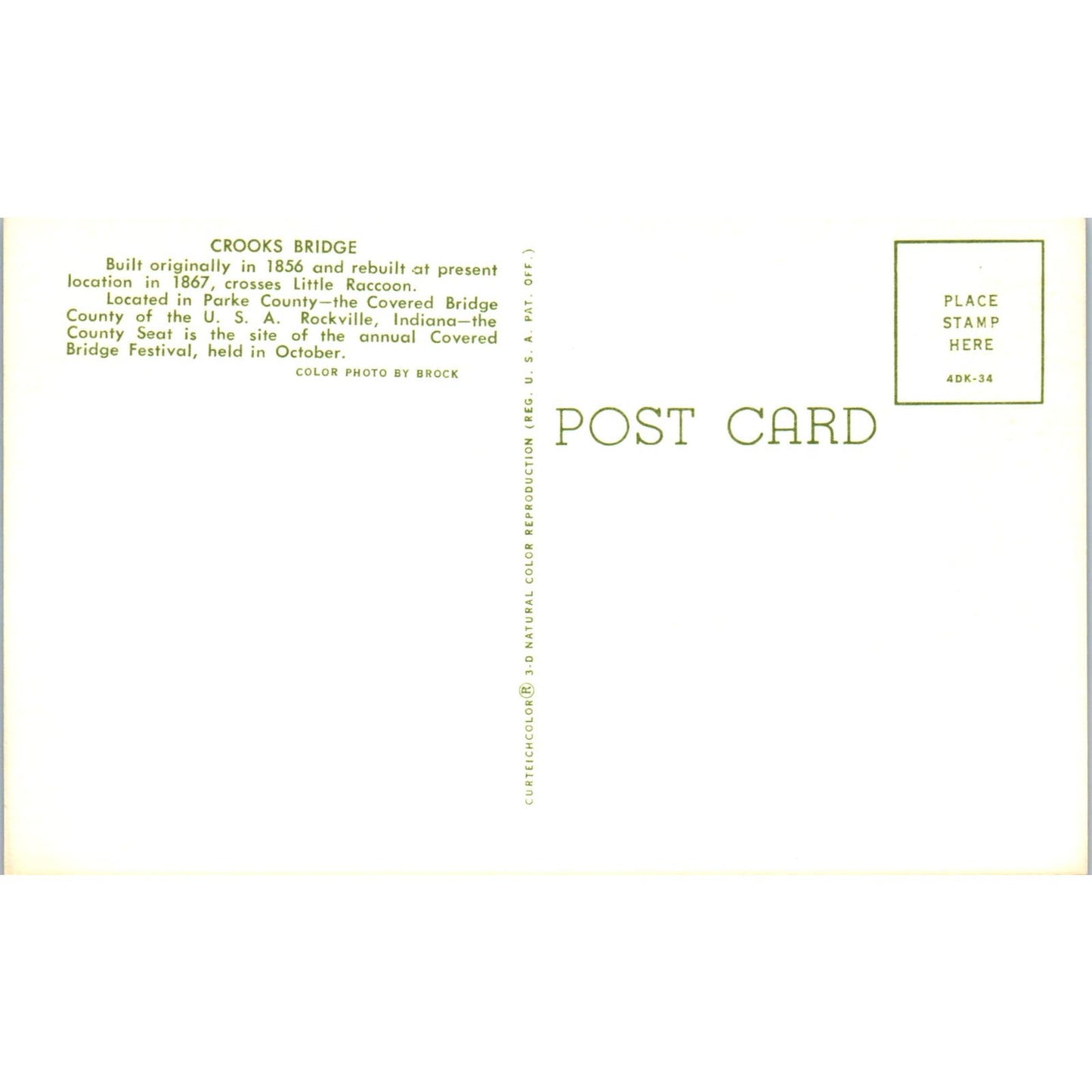 Crooks Bridge Parke County Rockville Indiana Covered Bridge Postcard PC8