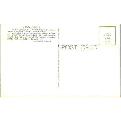 Crooks Bridge Parke County Rockville Indiana Covered Bridge Postcard PC8