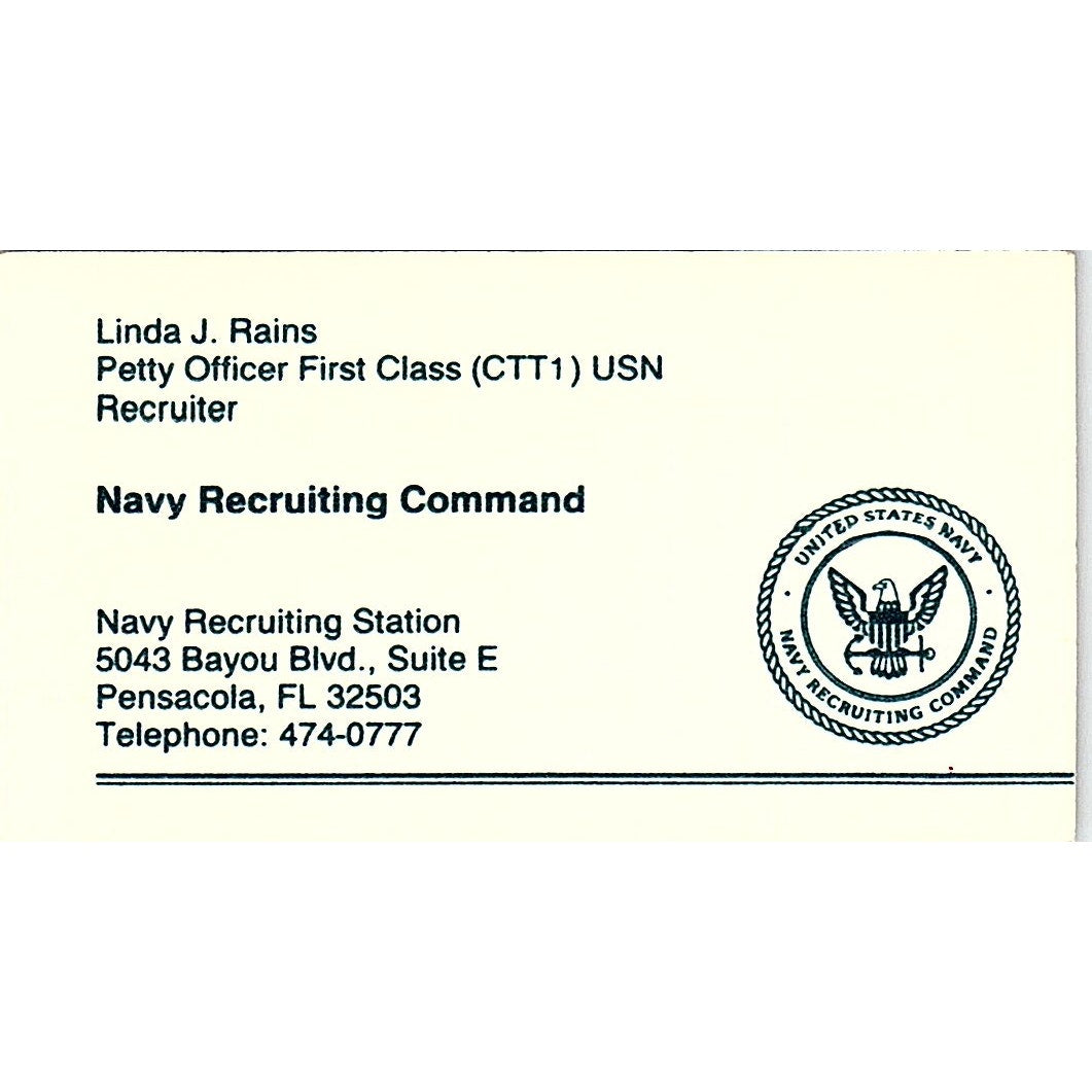 Linda J Rains Navy Recruiting Command Pensacola Vintage Business Card SD9-B9