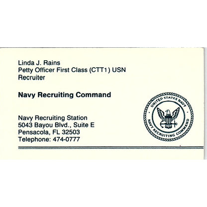 Linda J Rains Navy Recruiting Command Pensacola Vintage Business Card SD9-B9