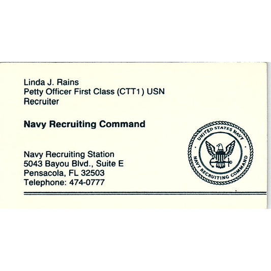 Linda J Rains Navy Recruiting Command Pensacola Vintage Business Card SD9-B9