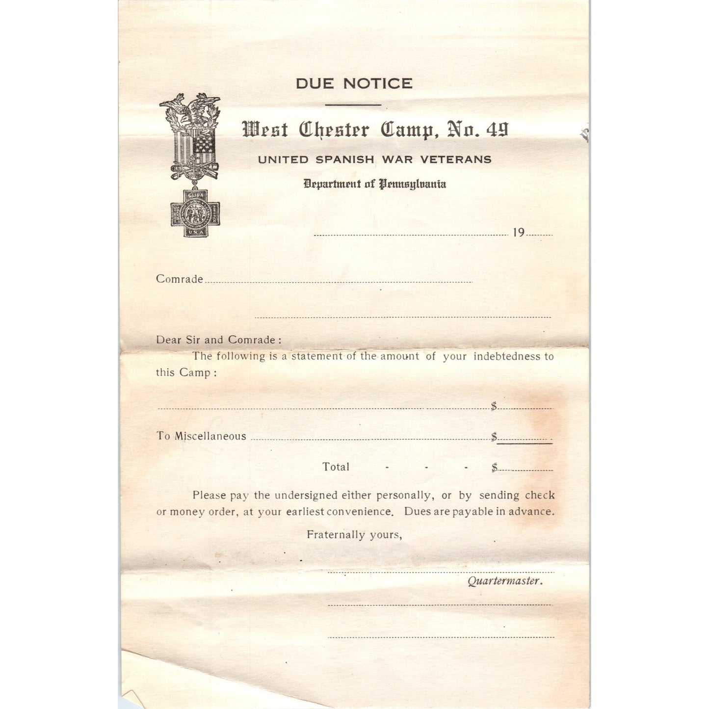 Antique United Spanish War Veterans West Chester Camp 49 Blank Due Notice D18