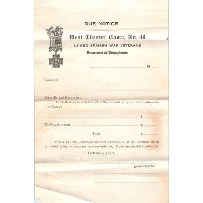 Antique United Spanish War Veterans West Chester Camp 49 Blank Due Notice D18