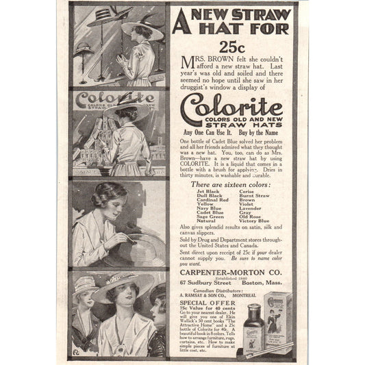 Colorite Colors for Straw Hats Carpenter-Morton Co Boston 1918 Ad AF1-WH1