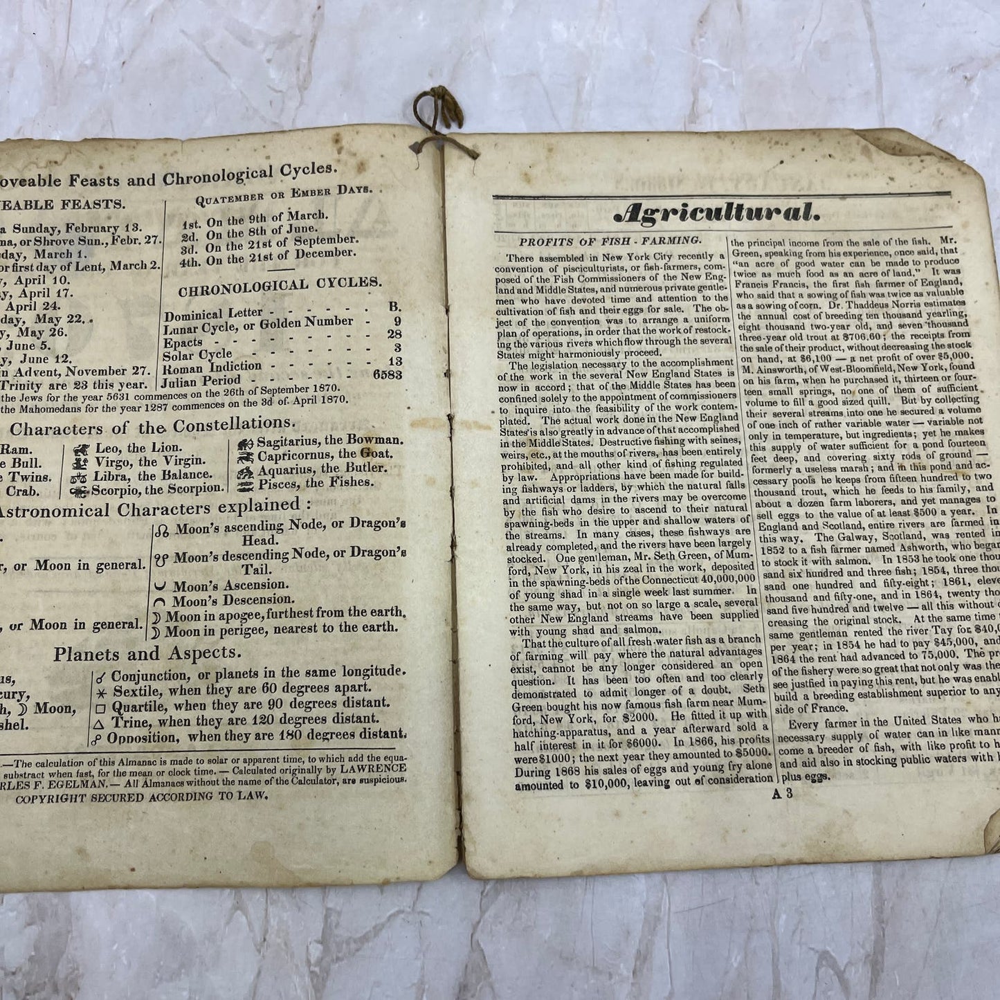 1870 Agricultural Almanac Lancaster PA John Baer’s Sons TF5