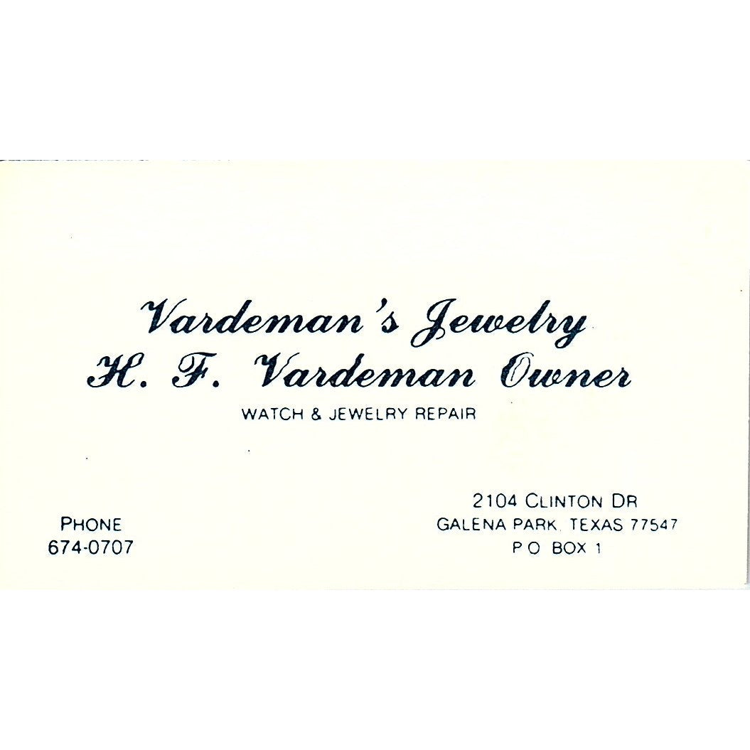 Vardeman Jewelry H F Vardeman Galena Park Texas Vintage Business Card SB4-B10