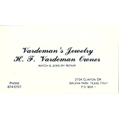 Vardeman Jewelry H F Vardeman Galena Park Texas Vintage Business Card SB4-B10