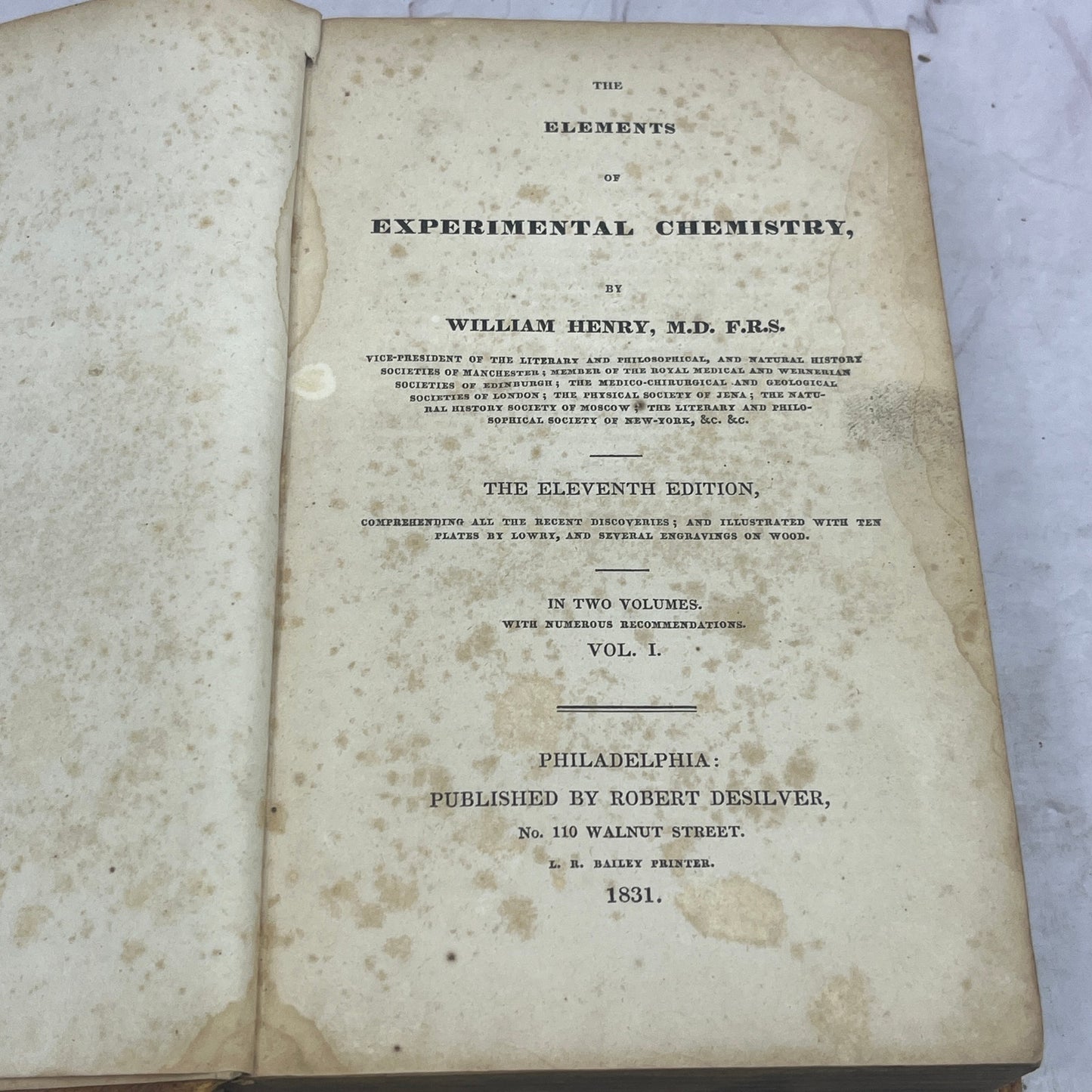 1831 William Henry Elements of Experimental Chemistry Vol. 1 Book TE5-OB