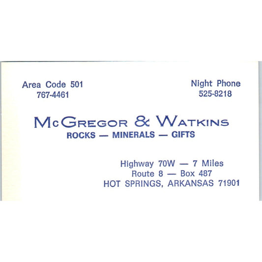 McGregor & Watkins Rock Shop Hot Springs AR Vintage Business Card SD8-B6
