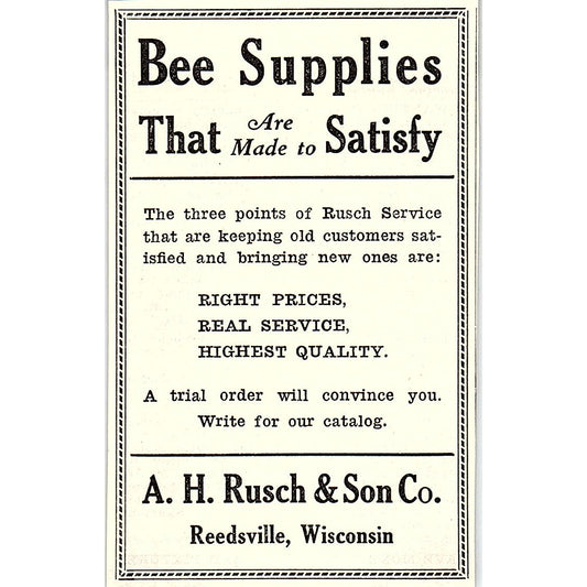 A.H. Rusch & Son Co Bee Supplies Reedsville WI 1926 Ad AG3-M8