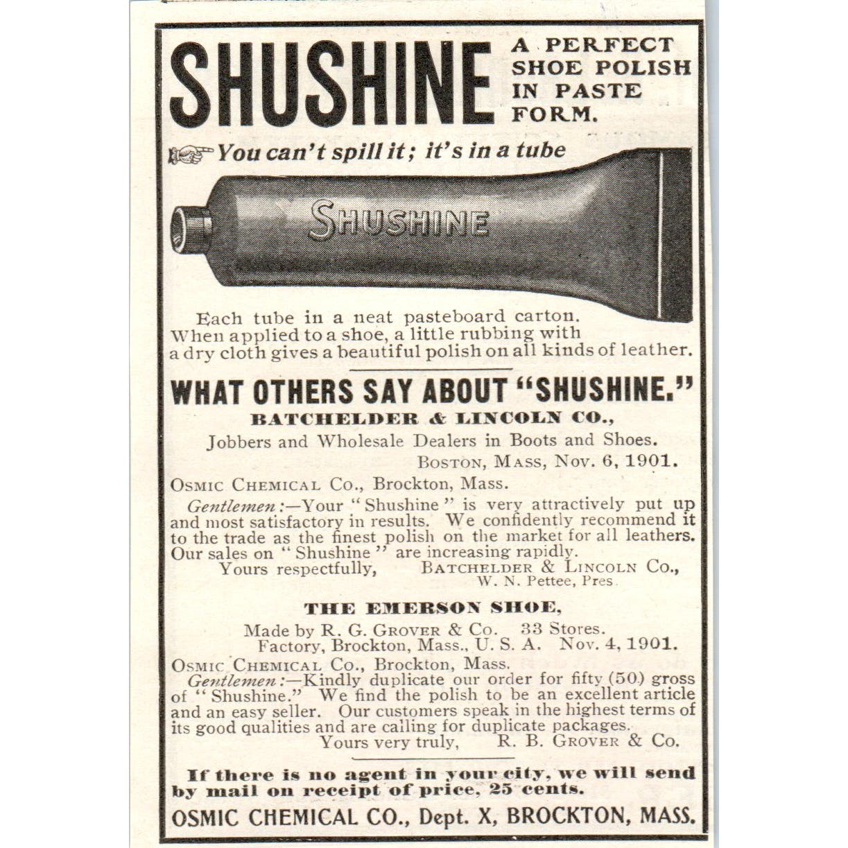 Shushine Polish Osmic Chemical Co Brockton MA c1905 Advertisement AE7-A2