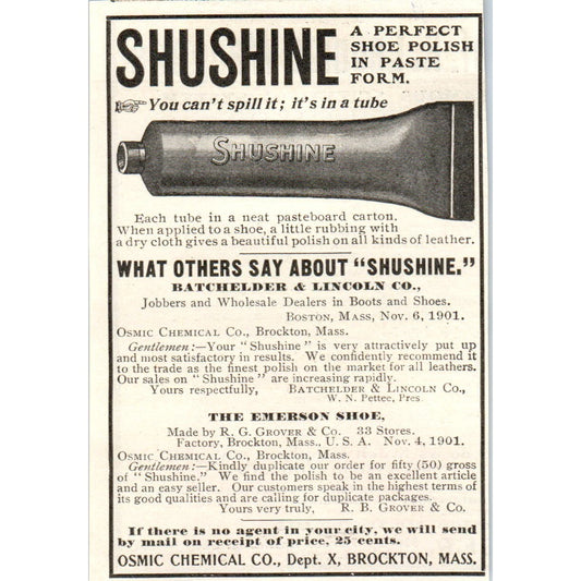 Shushine Polish Osmic Chemical Co Brockton MA c1905 Advertisement AE7-A2