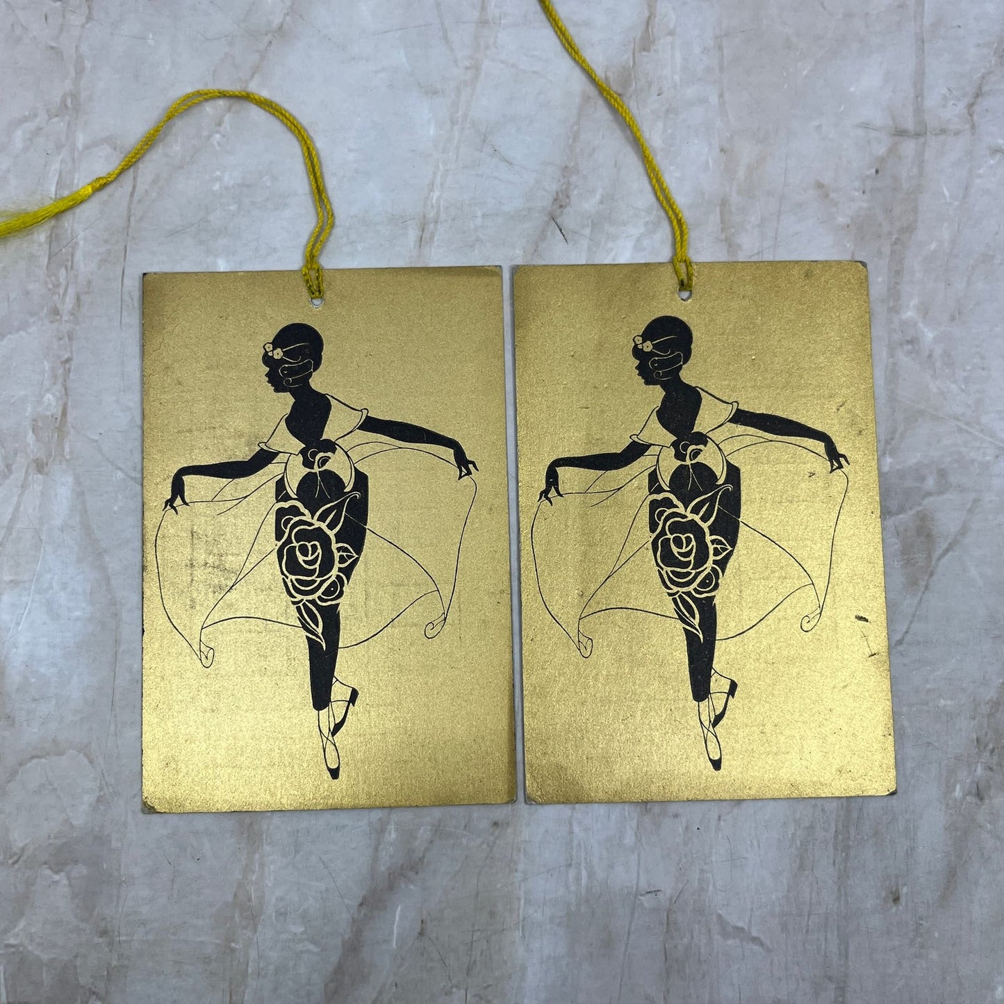 Vintage Art Deco Tally Card Set of 2 Gold Dancing Girl Silhouette AE3