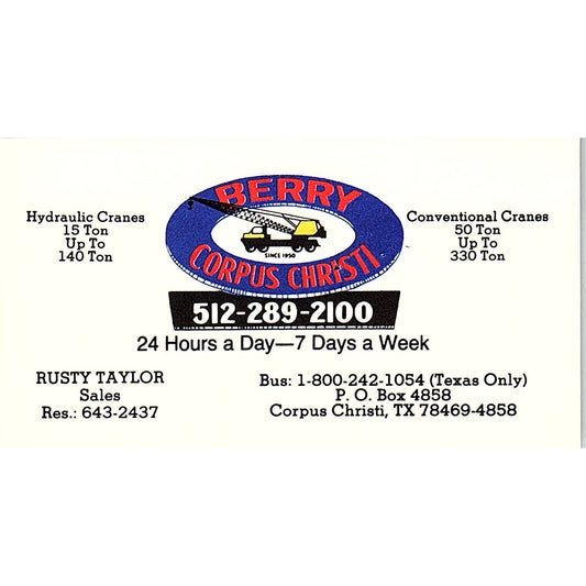 Rusty Taylor Berry Cranes Corpus Christi Vintage Business Card SC9-B4