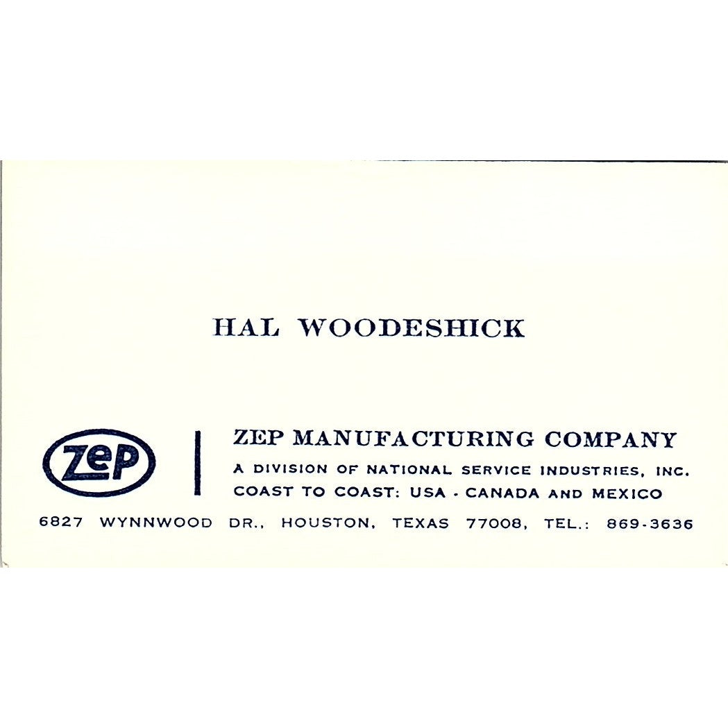 Hal Woodeshick Zep Mfg Co Houston TX Vintage Business Card SD9-B5