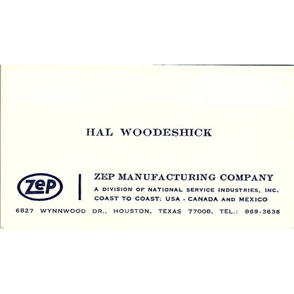 Hal Woodeshick Zep Mfg Co Houston TX Vintage Business Card SD9-B5