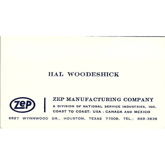 Hal Woodeshick Zep Mfg Co Houston TX Vintage Business Card SD9-B5