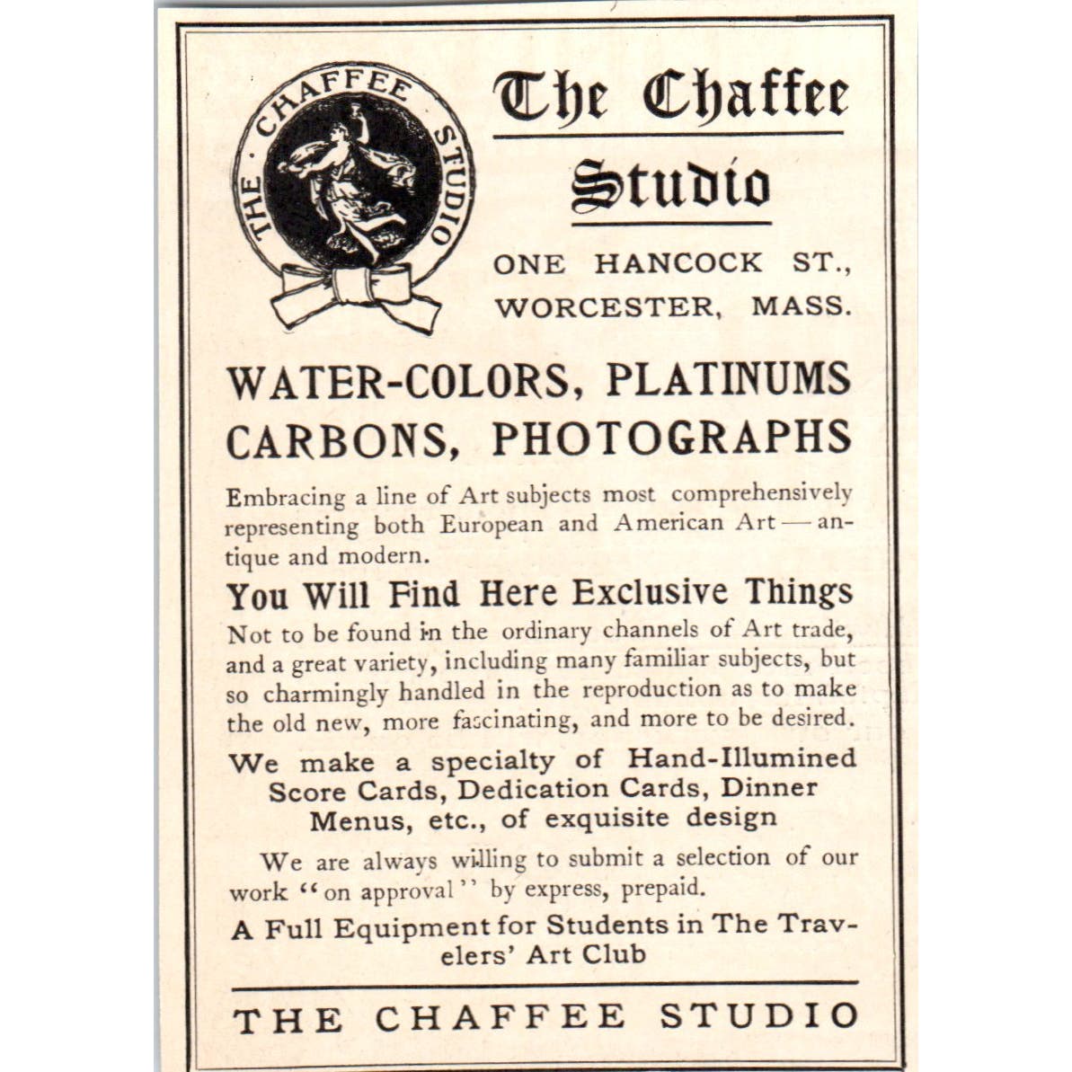 The Chaffee Studio Watercolors Platinums Photographs c1905 Victorian Ad AE9-MA6