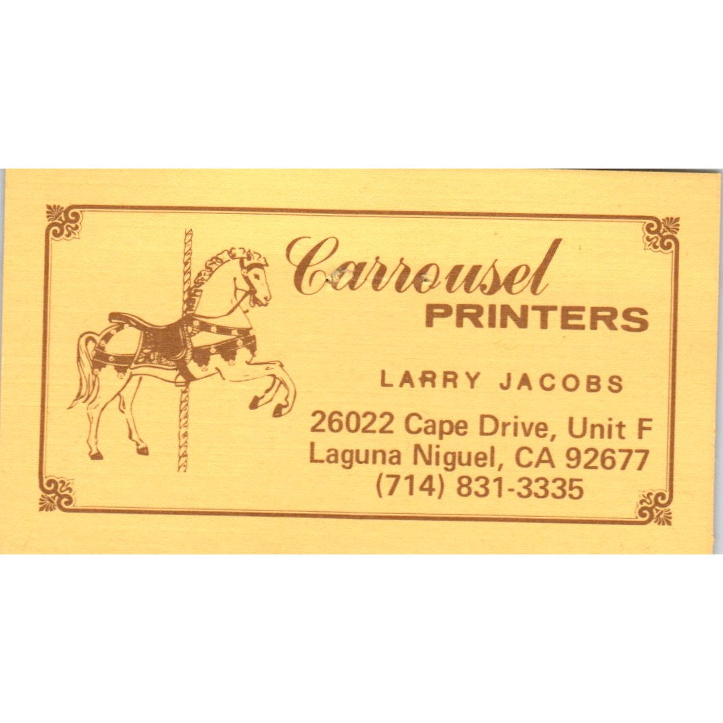 Carousel Printers Larry Jacobs Laguna Niguel CA Vintage Business Card SD4-B3