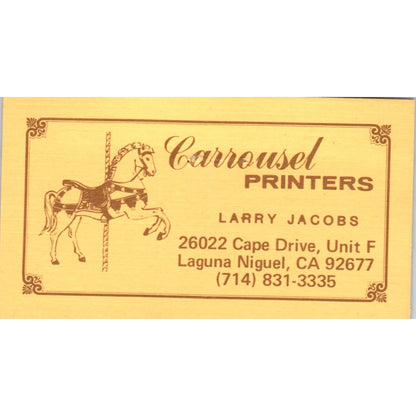 Carousel Printers Larry Jacobs Laguna Niguel CA Vintage Business Card SD4-B3