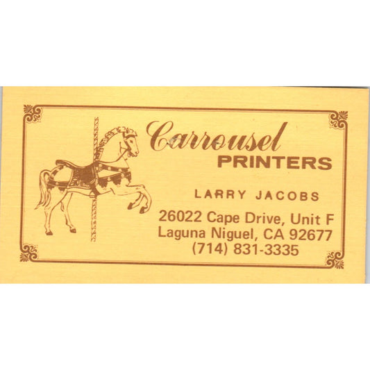 Carousel Printers Larry Jacobs Laguna Niguel CA Vintage Business Card SD4-B3