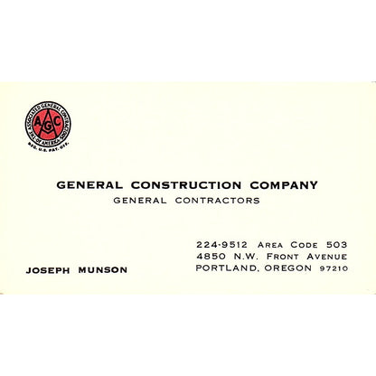 Joseph Munson General Construction Co Portland OR Vintage Business Card SD9-B3