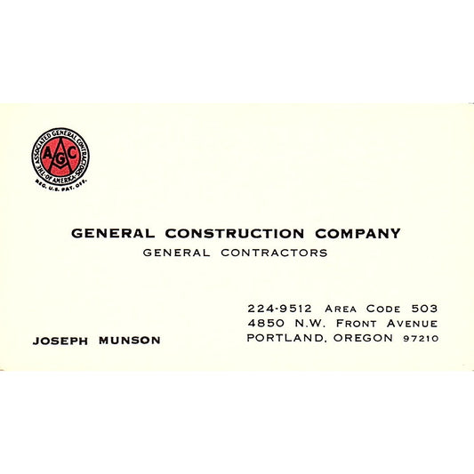 Joseph Munson General Construction Co Portland OR Vintage Business Card SD9-B3