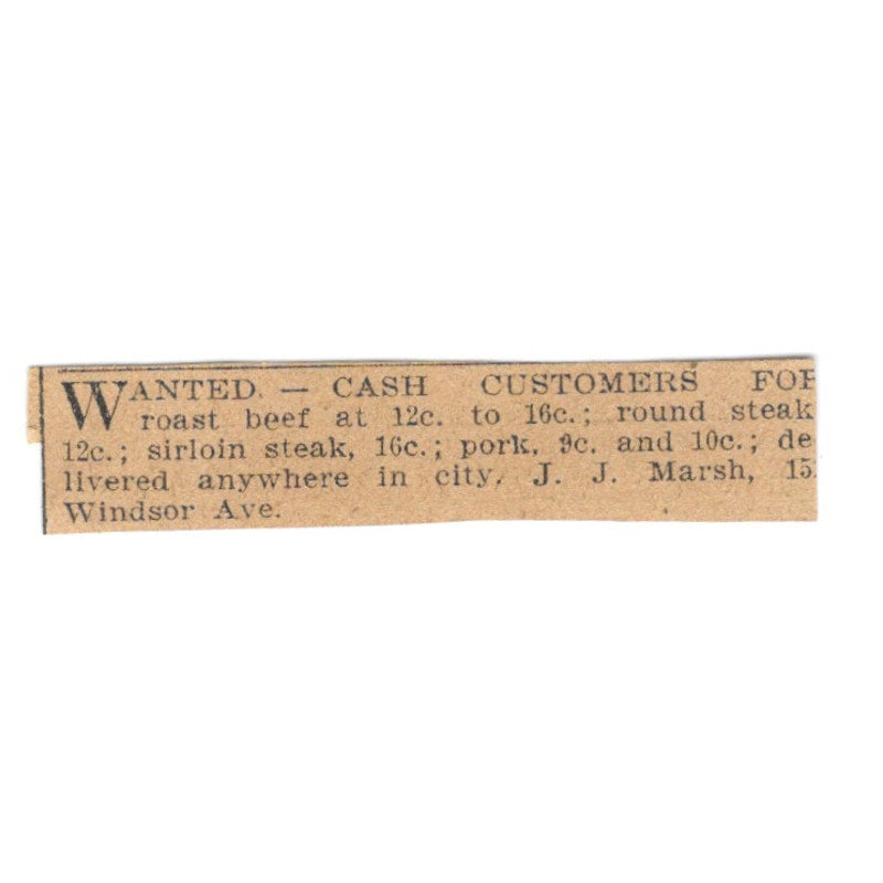 J.J. Marsh Beef Steak Windsor Ave Hartford 1901 Newspaper Ad AD8-HS8
