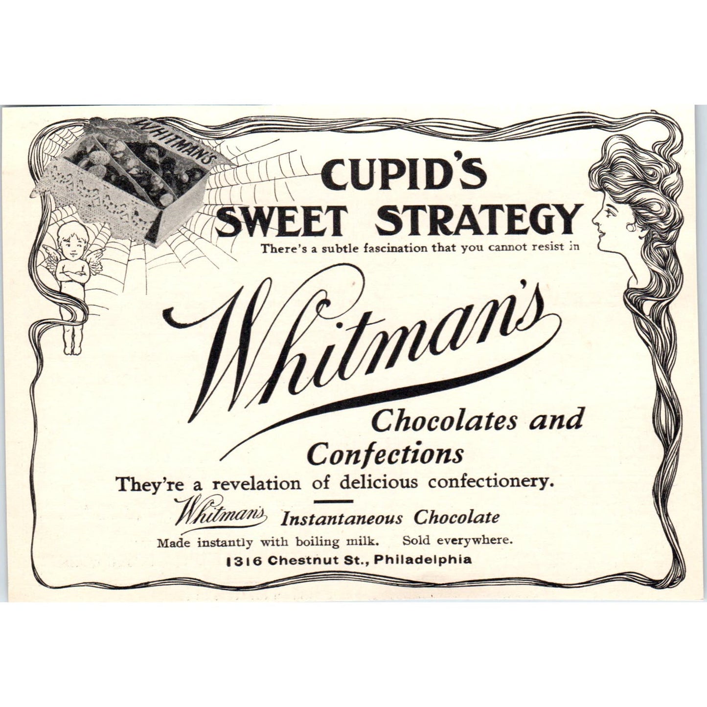 Whitman's Chocolates Cupids Sweet Strategy Spider Web c1905 Victorian Ad AE9-MA2
