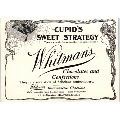 Whitman's Chocolates Cupids Sweet Strategy Spider Web c1905 Victorian Ad AE9-MA2